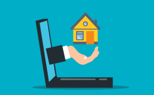 animated hand reaching out from laptop screen and holding a house